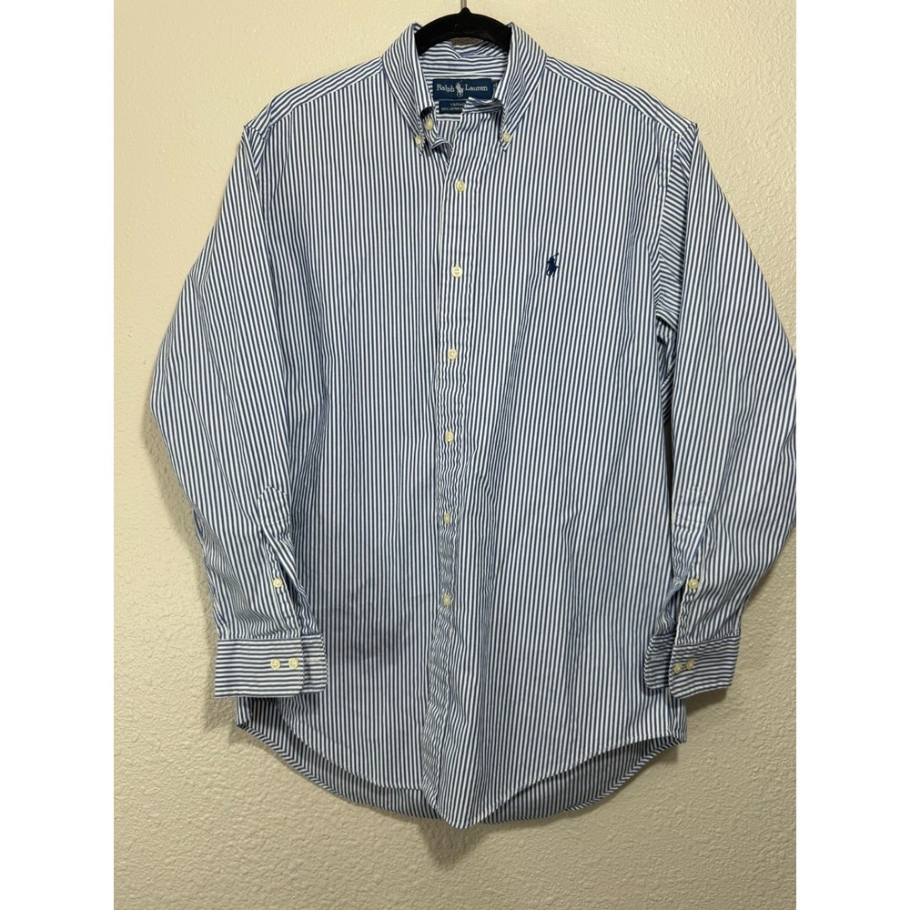 Vtg Ralph Lauren 15 M Men's Striped Long Sleeve Button Down Preppy 90s Blue - Picture 2 of 8